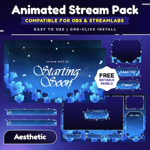 以下が含まれることがあります： OBSとStreamlabs用のアニメーションストリームパックで、青と紫のカラーテーマを採用しています。パックには、開始間近の画面、チャットボックス、その他のパネルが含まれています。開始間近の画面には、「stream will be starting soon」というテキストが表示されます。チャットボックスには、「Aesthetic」というテキストが表示されます。パネルには、「About Me」、「Contact」、「Free Editable Panels」というテキストが表示されます。
