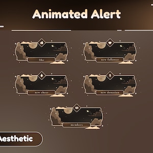 Puede incluir: Cinco banners de alerta animados con un fondo de cielo nocturno que presenta una luna creciente, estrellas y nubes. Los banners están etiquetados como "like", "new follower", "new cheer", "new donation" y "members".