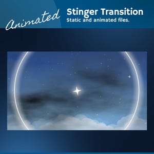 May include: A digital graphic with a night sky design. The image shows a starry sky with clouds and a bright, four-pointed star. A white circular frame surrounds the central scene. Text at the top reads "Stinger Transition" and "Animated".