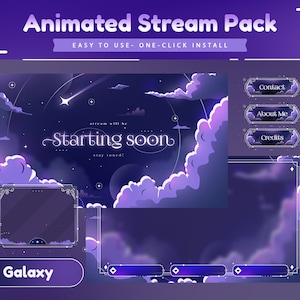 Starfall Nimbus Animated Stream Pack para Twitch, Kick, Youtube/Conjunto de sobreposição/Alerta/Painel/Cor roxa/Tema Galaxy/Design de nuvem/Transição