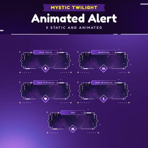 May include: Five animated Twitch alert overlays with a purple and white color scheme. The overlays feature a crescent moon, stars, and a purple background. The text on the overlays includes "new cheer", "new follower", "like", "members", and "new donation".