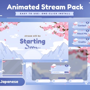Animated Stream Pack for Twitch, Kick, Youtube/Sky Blossom/Onsen Overlook/Blue White/Overlay Set/Alerts/Panels/Transition/Japanese Kawaii