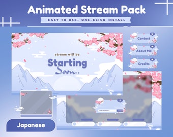Onsen Overlook Animiertes Stream Paket/Ruhig/Süß Twitch Overlay/Twitch Set/Panel/Blau Weiß Thema/Himmel Thema/Japanisch/Blüte/Japan/Kawaii