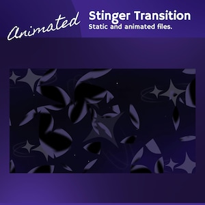 Puede incluir: Gráfico de transición de stinger animado con un fondo azul oscuro. El diseño presenta formas y estrellas negras abstractas, con las palabras "Animated" y "Stinger Transition" en texto blanco.