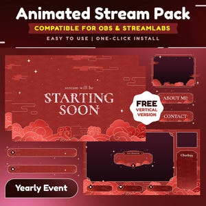 Scarlet Horizon Animated Stream Overlay Package for Twitch/Clouds Ripple Twitch Overlay/Vertical Stream for TikTok/Red and Gold Background