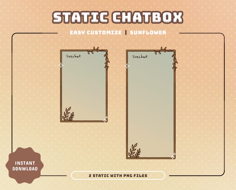 May include: Two static chatbox frames with a brown wooden frame and a leafy vine design. The frames are on a light orange background with a white polka dot pattern. The text "livechat" is at the top of each frame.