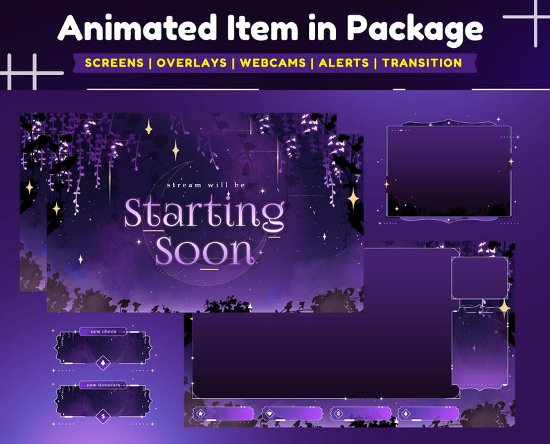 Mystic Twilight Animated Stream Overlay Package for Twitch/Starry Nights Twitch Overlay/Crescent Moon Stream/Calm Vertical Stream for TikTok image 2