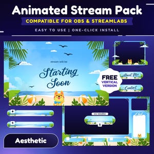 Könnte beinhalten: Ein animiertes Stream-Paket mit Strand-Thema. Das Paket enthält einen "Starting Soon"-Bildschirm, Chat-Boxen und "About Me"- und "Contact"-Buttons. Das Paket ist kompatibel mit OBS und Streamlabs und einfach zu bedienen.