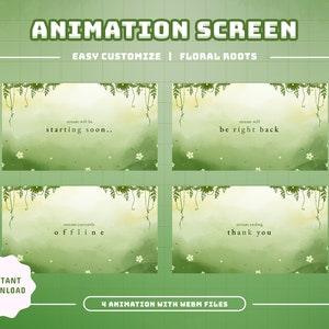 May include: Four animated green and yellow stream screens with floral vines and text that reads "stream will be starting soon...", "stream will be right back", "stream currently offline", and "stream ending thank you".