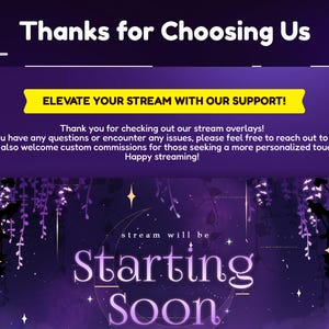 May include: Purple and white stream overlay with a starry night sky background and the text "stream will be Starting Soon".