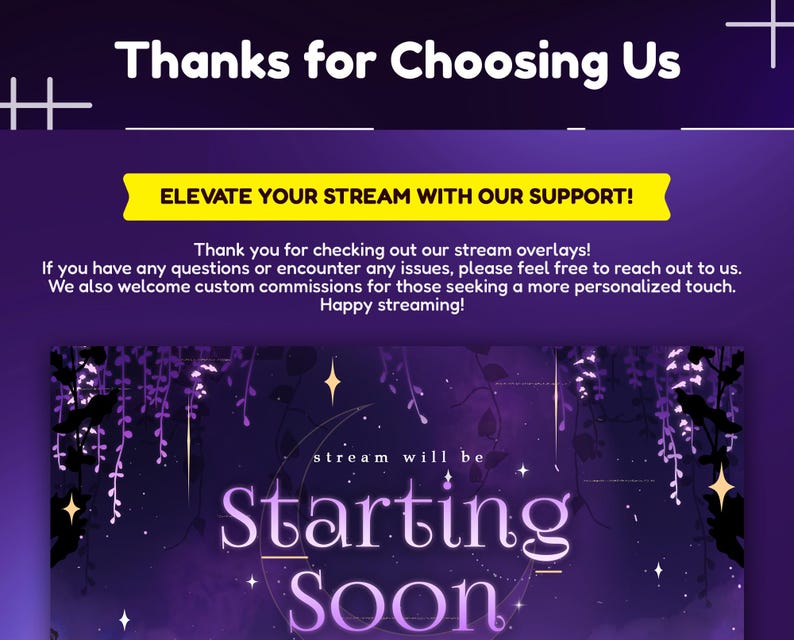May include: Purple and white stream overlay with a starry night sky background and the text "stream will be Starting Soon".