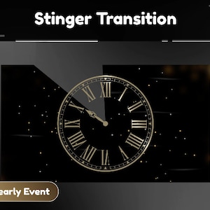 May include: A gold clock face with Roman numerals against a black background with gold glitter. The text "Stinger Transition" is at the top of the image and "Yearly Event" is at the bottom.