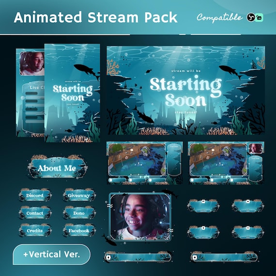 Ocean Reef Animated Twitch OBS Stream Overlay Pack | Nautical Alerts, Panels, Transitions