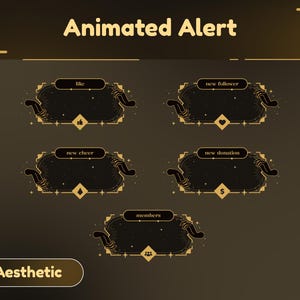 Lunar Serenity Animated Alert Package/Stream Overlay/Stream Package/Celestial/Transition/Panels/Aesthetic/Black Gold Color/Elegant Design