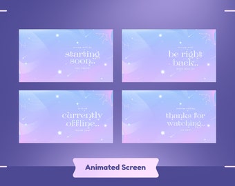 Puede incluir: Cuatro pantallas animadas con un fondo degradado de azul claro y rosa. Las pantallas presentan un cielo estrellado con estrellas blancas y estrellas fugaces. El texto en las pantallas dice: "La transmisión comenzará pronto...", "La transmisión volverá en breve...", "La transmisión está actualmente fuera de línea...", y "La transmisión termina gracias por ver..."