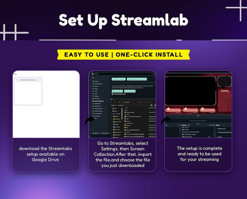 May include: A screenshot showing how to set up Streamlabs with a one-click install. The steps are: download the Streamlabs setup from Google Drive, go to Streamlabs settings, select Screen Collection, import the file, and choose the file you just downloaded. The setup is complete and ready to be used for streaming.