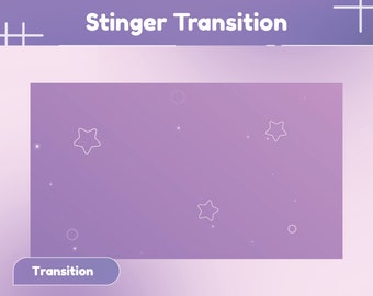 Puede incluir: Un fondo degradado morado y blanco con estrellas y círculos blancos. El texto "Stinger Transition" está en la parte superior de la imagen y el texto "Transition" está en la parte inferior de la imagen.