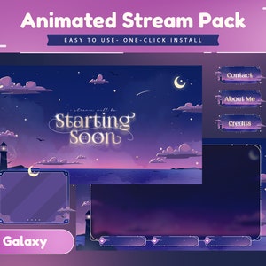 Skyward Beams Animated Stream Pack for Twitch, Kick, Youtube/Transition/Overlay Set/Alert/Panel/Purple Pink Color/Galaxy Theme/Cloud Design