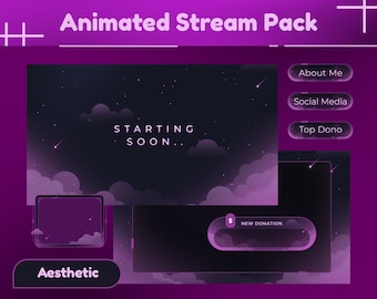 Verträumtes lila animiertes Stream Overlay Paket | Thema Wolke, Warnungen, Panels, Übergänge