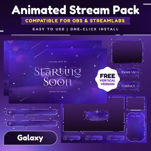 Stellar Spark Animated Stream Overlay Package for Twitch/Hues of Deep Violet Twitch Overlay/Vertical Stream for TikTok/Cosmic Sky Background