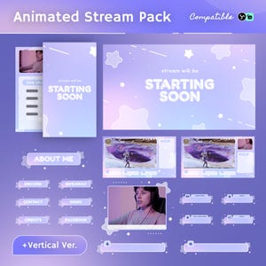 May include: A digital stream pack in shades of purple and blue, featuring "Starting Soon" screens, profile boxes, and social media buttons. The words "Animated Stream Pack" and "Compatible" are visible at the top of the design.