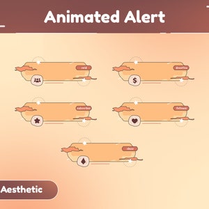Puede incluir: Banderas de alerta animadas con un fondo degradado de melocotón y naranja. Las banderas son para Twitch y presentan iconos para incursión, donación, suscriptor, seguidor y ánimo.