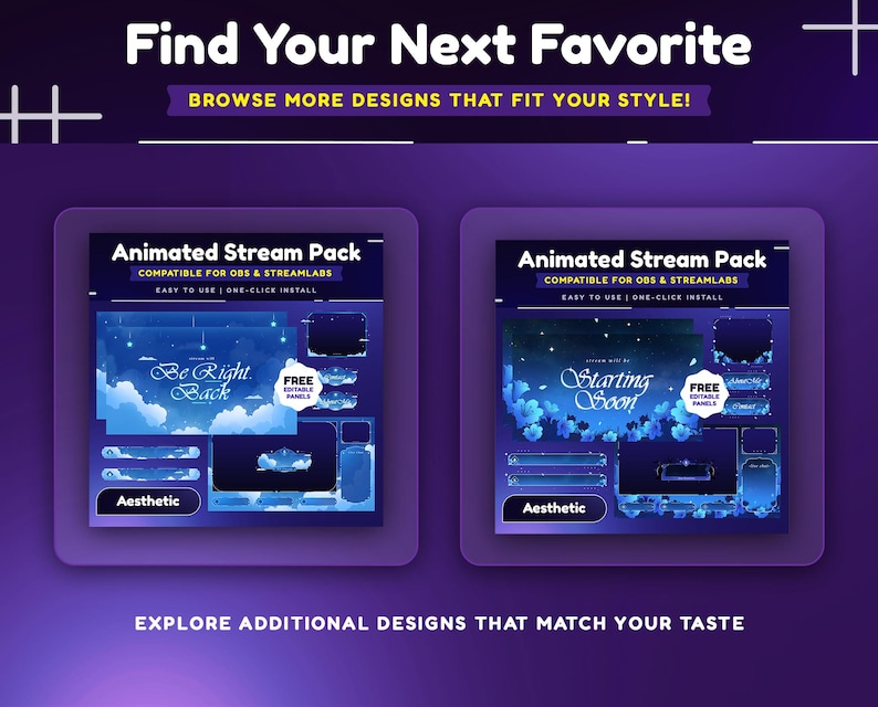 May include: Two animated stream pack designs for OBS and Streamlabs. The first design features a blue sky with clouds and stars, with the text "Be Right Back". The second design features a blue floral background with the text "Starting Soon". Both designs have the word "Aesthetic" below them.