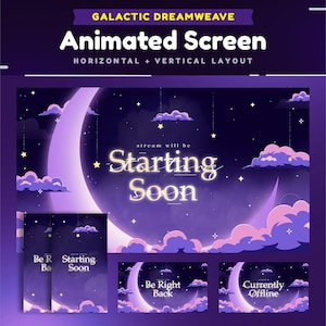 Galactic Dreamweave Animated Screen Package/Stream Overlay/Transition/Panel/Animation/Purple Color/Galaxy Theme/Kawaii/Cloud Moon Design