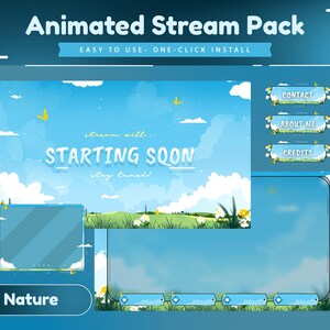 May include: Animated stream pack with a blue sky, white clouds, and green grass background. The text "stream will... STARTING SOON stay tuned!" is displayed in a blue box. There are three buttons labeled "CONTACT", "ABOUT ME", and "CREDITS".