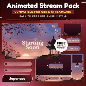 Puede incluir: Pack de stream animado con temática japonesa. El diseño incluye una pagoda, flores de cerezo y la frase "Starting Soon". Compatible con OBS & Streamlabs, incluye una versión vertical gratuita.