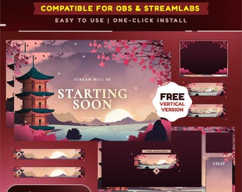 Animated Stream Pack for Twitch, Kick, Youtube/Sakura Valley/Overlay Set/Stream Alerts/Panels/Transition/Cherry Blossom Design
