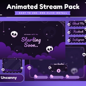 May include: Animated purple and white stream pack with a skull and crossbones theme. The pack includes a starting soon screen, a donation alert, a chat box, and social media buttons. The text "stream will be starting soon" is displayed on the starting soon screen.