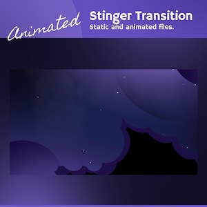 Puede incluir: Gráfico de transición animada con un fondo de cielo nocturno azul oscuro y púrpura. El texto "Animated" está en una fuente cursiva, y "Stinger Transition" está en una fuente sans-serif. También se incluye el texto "Static and animated files".