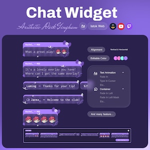 May include: A digital chat widget overlay design in shades of purple with a dark gingham pattern. It features customizable text boxes, user names like Rachel and Luming, animated text options, color settings, and icons for Istok Web, YouTube, and Twitch.