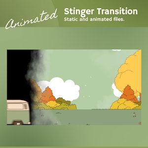 May include: Animated stinger transition graphic featuring a green and white van in a forest scene. The image includes the text "Animated" and "Stinger Transition". Static and animated files.
