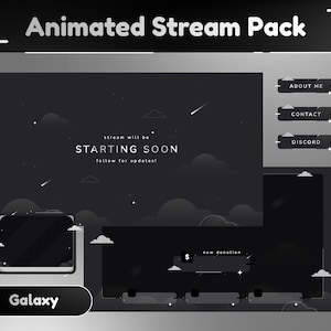 Pacote de fluxo animado Atmosphere/Galaxy/Conjunto Twitch/Painel/Stinger/Tema Celestial/Transmissão única/Sobreposição estética de fluxo de tema escuro/preto