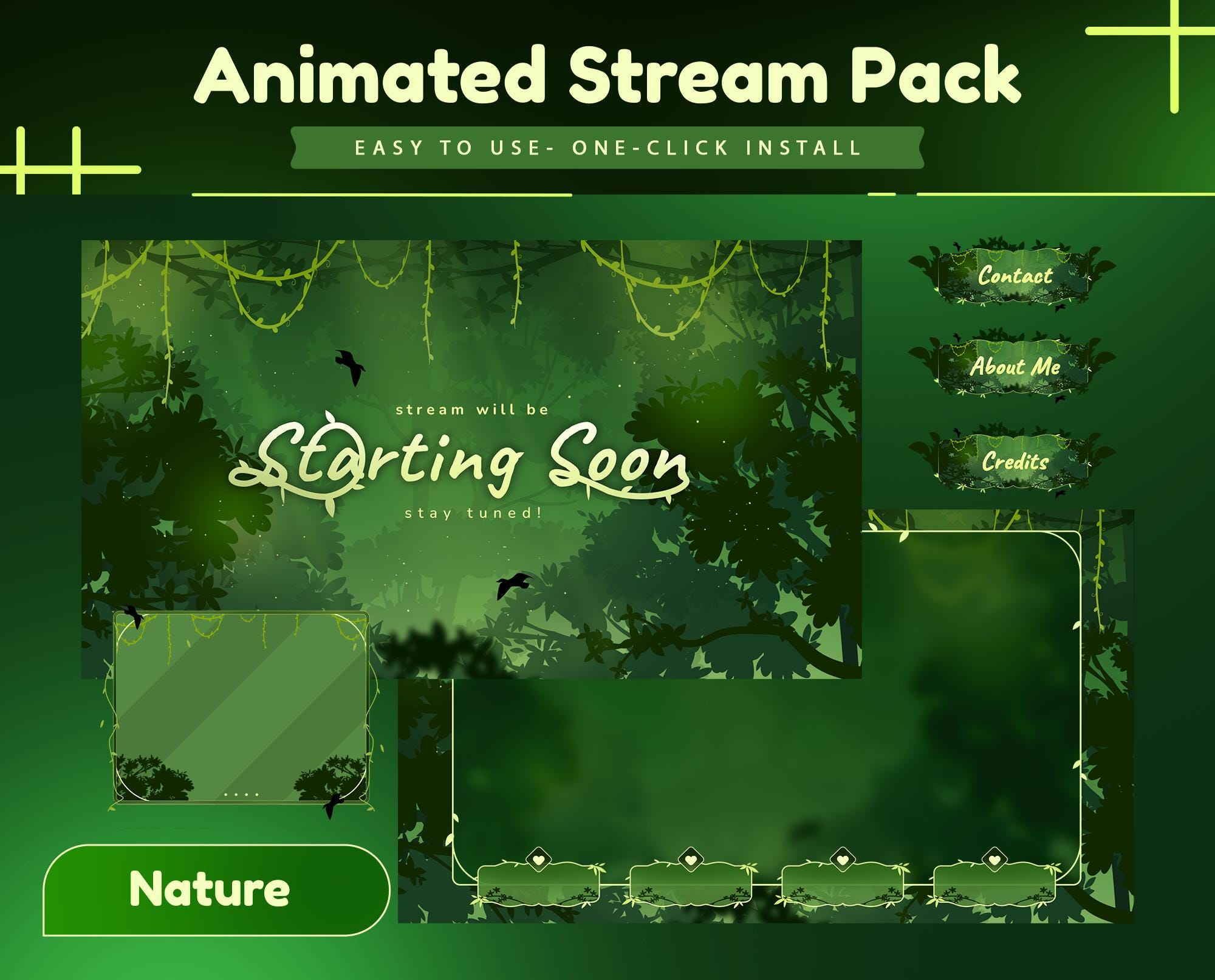 Nature Nest Animated Stream Package/Cute Overlay/Alerts/Stinger Transition/Twitch Panels/Background/Aesthetic Theme/Green/Forest
