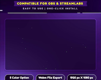 Puede incluir: Un fondo morado con un rectángulo negro en el centro. El texto "Stream Decoration" está en amarillo en la parte superior de la imagen. Debajo del texto está "COMPATIBLE FOR OBS & STREAMLABS" en blanco. Debajo de eso está "EASY TO USE | ONE-CLICK INSTALL" en blanco. En la parte inferior de la imagen hay tres botones: "5 Color Option", "Webm File Export" y "1920 px X 1080 px".