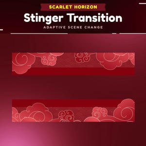 May include: A red and white animated transition with the text "Stinger Transition" and "Adaptive Scene Change" in yellow. The background features a red gradient with a pattern of white stylized clouds.