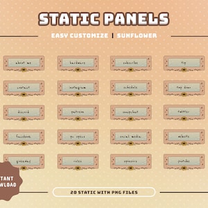 May include: Twenty static PNG files of social media buttons with a sunflower theme. The buttons are peach-colored with a white interior and a sunflower graphic. The text on the buttons includes: about me, bardvere, subscribe, tip, contact, instagram, schedule, top doxo, discord, patreon, snapchart, twitter, facebook, pc specs, social media, vebsite, giveaway, reles, sponsers, and youtube.
