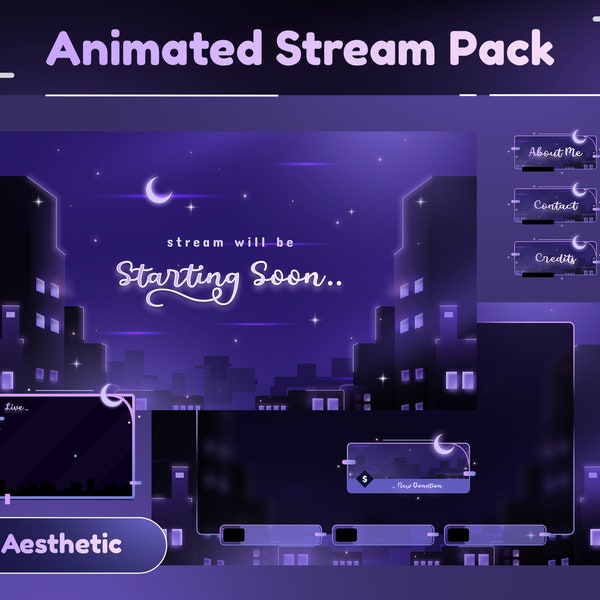 Metropolitan Animated Stream Package/Transition/Stream Overlay/Panel/Simple/Aesthetic Twitch/Lo-Fi City Night Overlay/Moonlight/Dark theme