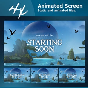 May include: Animated screen design with a blue and white landscape background. The main graphic says "STARTING SOON" with smaller panels below indicating "CURRENTLY OFFLINE", "BE RIGHT BACK", and "STREAM ENDING". Includes flying bird silhouettes.