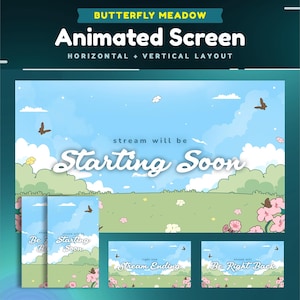 Butterfly Meadow Animated Stream Screen Package for Twitch/Aesthetic Garden Background/Vertical Screen for Tik Tok/Butterfly Starting Soon