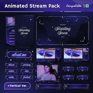 May include: A dark blue and purple animated stream pack. It features overlay elements for streaming, including "Starting Soon" screens, "About Me" sections, and social media buttons. The text "Animated Stream Pack" and "Compatible" are displayed.