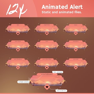 Op de afbeelding: Een digitale afbeelding met de tekst "Animated Alert" en "Static and animated files." De afbeelding toont verschillende geanimeerde alert-ontwerpen met tekstlabels zoals "like", "superchat" en "new follower". Het kleurenpalet bevat tinten oranje, roze en bruin.