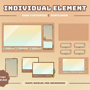 May include: A set of customizable Twitch stream overlays with a sunflower theme. The overlays include an alert, overlay, camera frame, and background. The overlays are in a light brown and beige color scheme with a grid pattern.