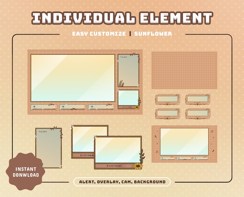 May include: A set of customizable Twitch stream overlays with a sunflower theme. The overlays include an alert, overlay, camera frame, and background. The overlays are in a light brown and beige color scheme with a grid pattern.