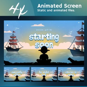 May include: Animated screen design with a nautical theme. The main image shows a silhouette of a person sitting on a pier, with two ships on the water and the text "starting soon." Additional screens say "currently offline," "be right back," and "stream is ending."