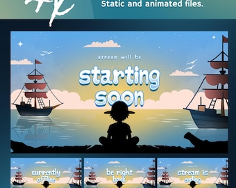 May include: Animated screen design with a nautical theme. The main image shows a silhouette of a person sitting on a pier, with two ships on the water and the text "starting soon." Additional screens say "currently offline," "be right back," and "stream is ending."