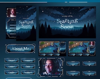 Pacchetto Streaming Celeste Animato: Tema Foresta Blu Cosmica per Twitch e OBS/Streamlabs